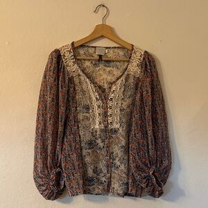 HD in Paris Anthropologie Button Up Shear Blouse in Blue Orange & Cream Sz 0